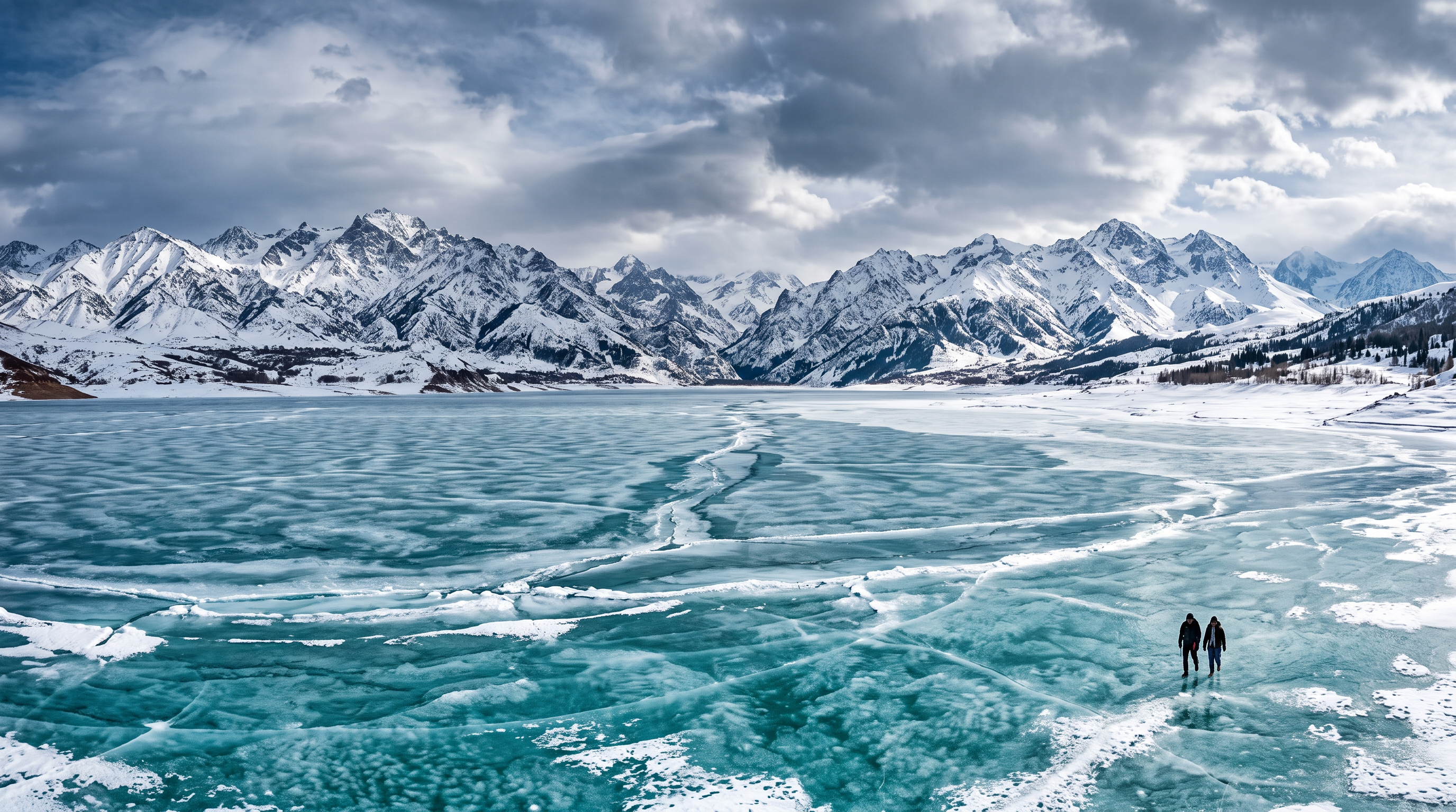 Frozen Charvak Lake panorama with Tian Shan mountains
