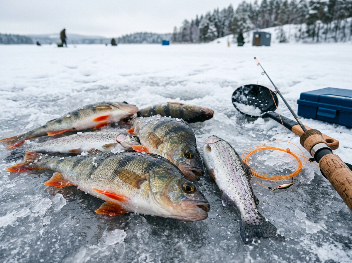 Fresh fish caught through ice hole