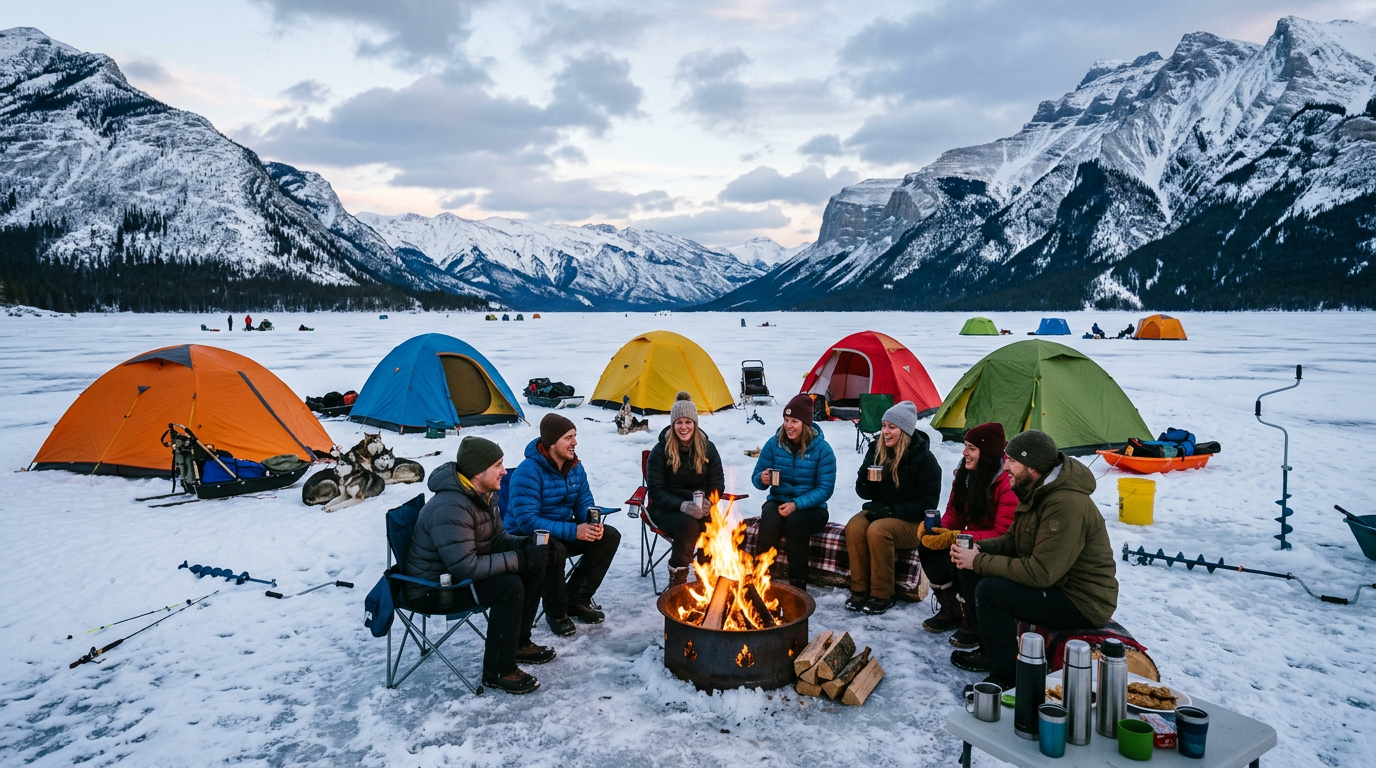 Winter ice fishing camp on frozen lake