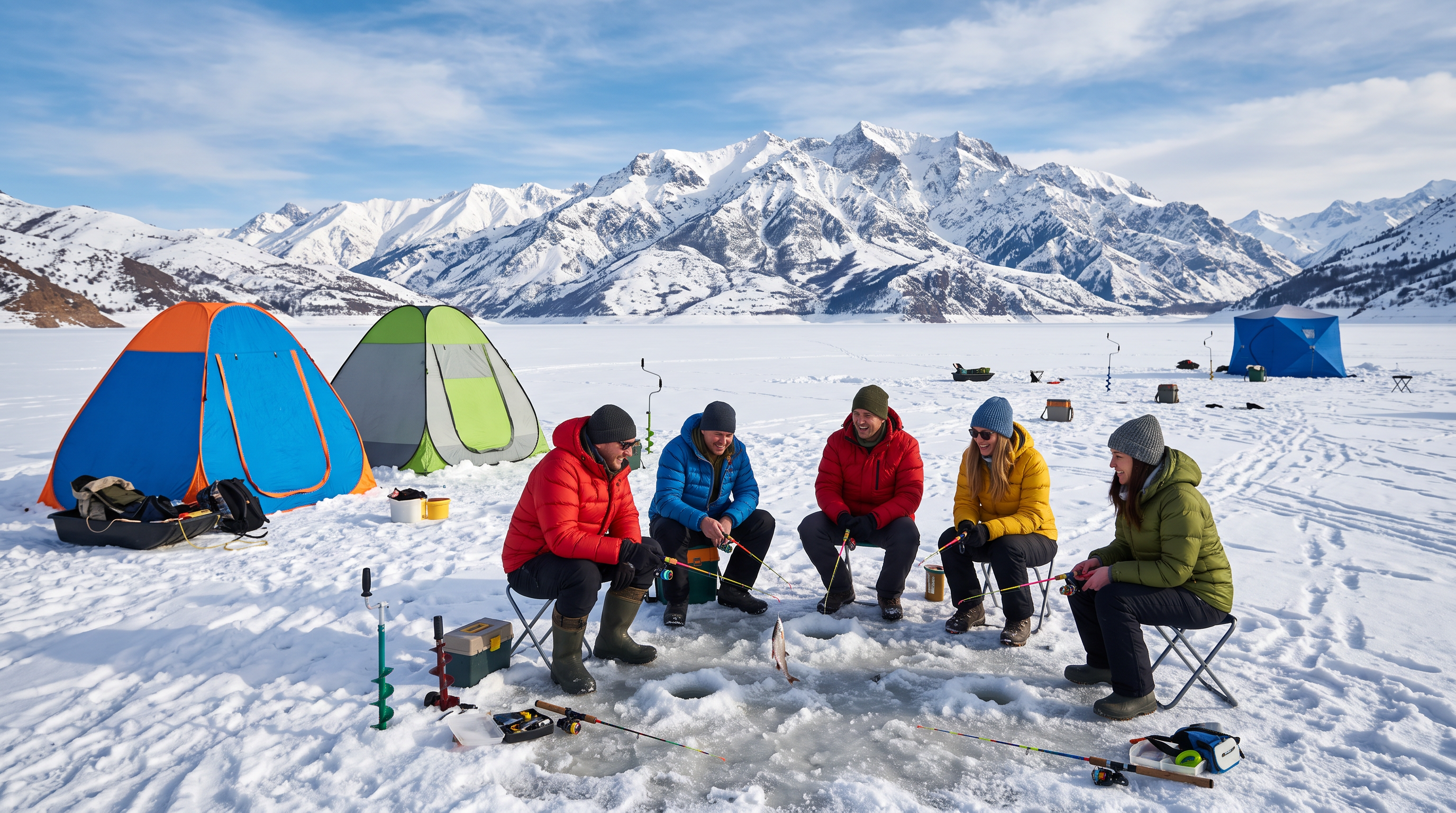 Group ice fishing on Charvak Lake