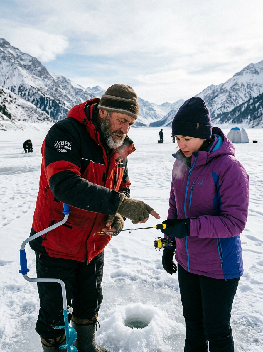Local guide teaching ice fishing technique