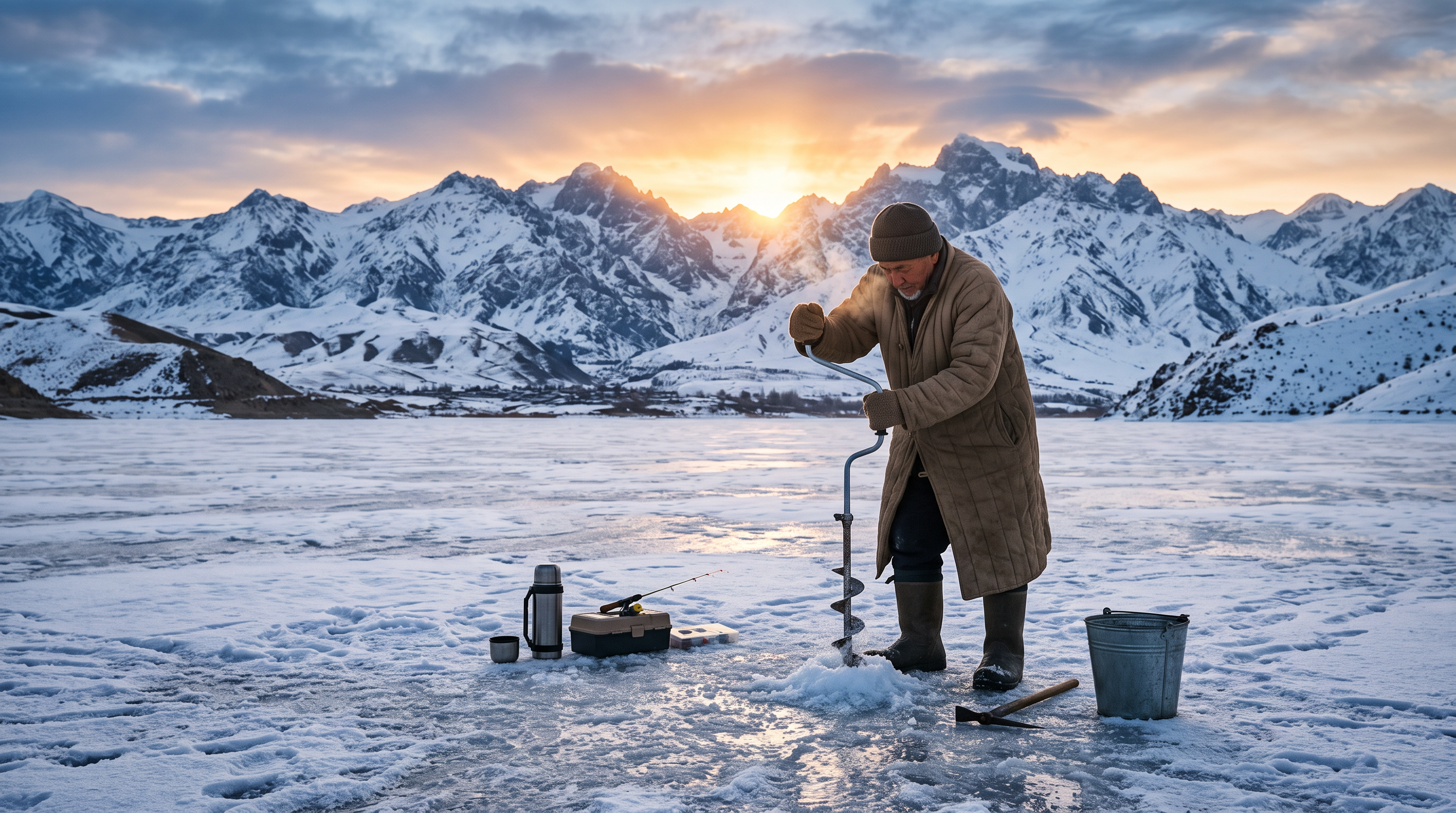 Ice fishing on frozen Uzbekistan mountain lake
