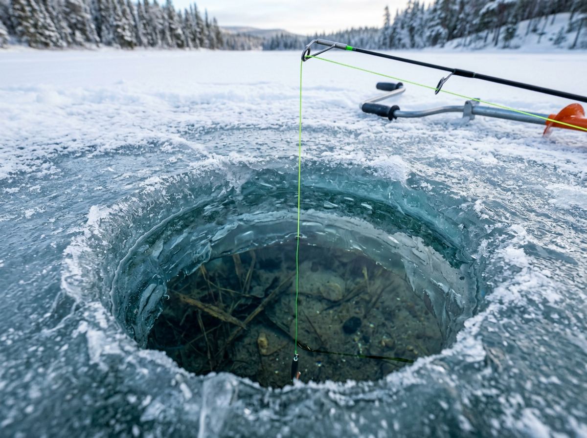 Drilled ice hole with fishing line
