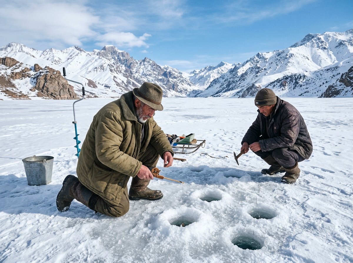 Two fishermen on frozen lake