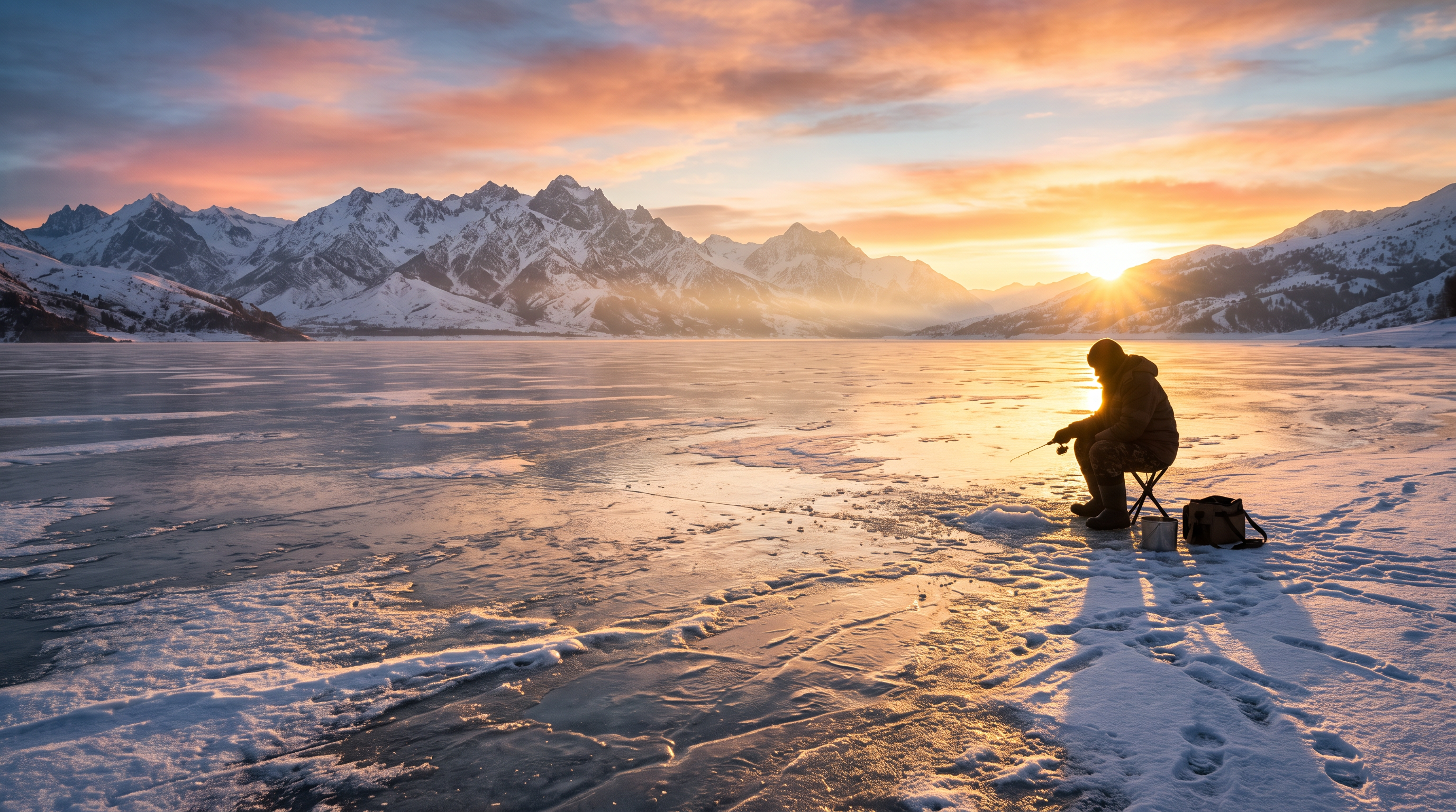Winter sunrise over frozen mountain lake